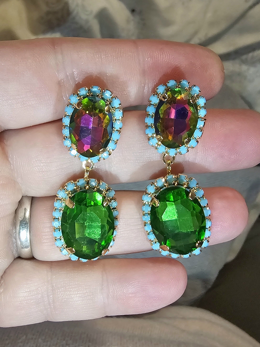 Gold-Tone Green and Pink Crystal Drop Earrings with Turquoise Halo